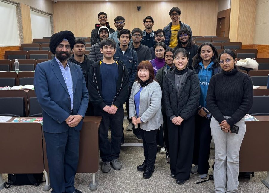 The Japanese language cohort in a lecture hall with two visiting instructors and a faculty member