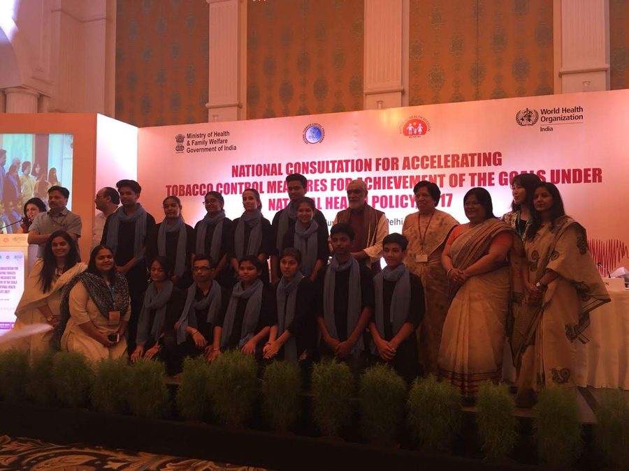 School delegates on stage at a Ministry of Health and WHO India national consultation on tobacco control